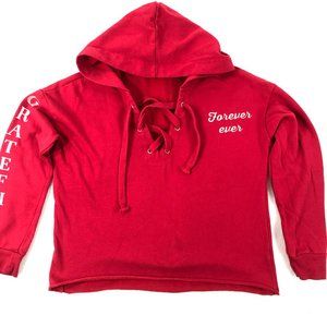 4/$15 Almost Famous Juniors Medium Red Cropped Hooded Sweatshirt Lace up Front